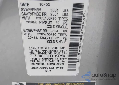 2004 Infiniti Fx35 из США, поврежденный, VIN JNRAS08W94X210486